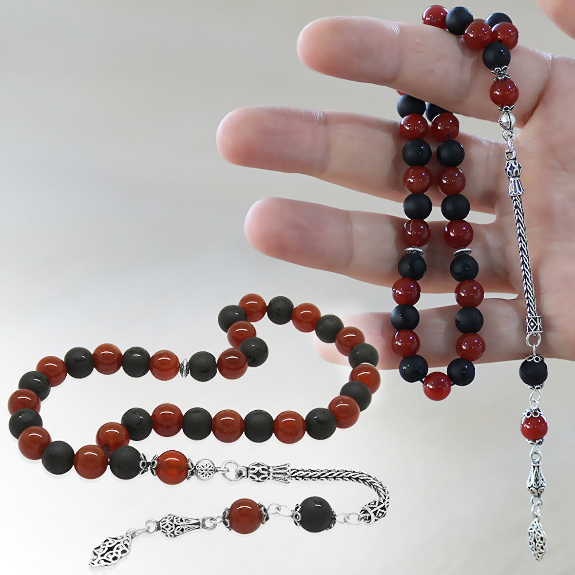925 Ayar Gümüş Foxtail Zincir Püsküllü Küre Kesim Kırmızı Siyah Ayyıldız Oniks Akik Doğaltaş Taraftar Tesbih