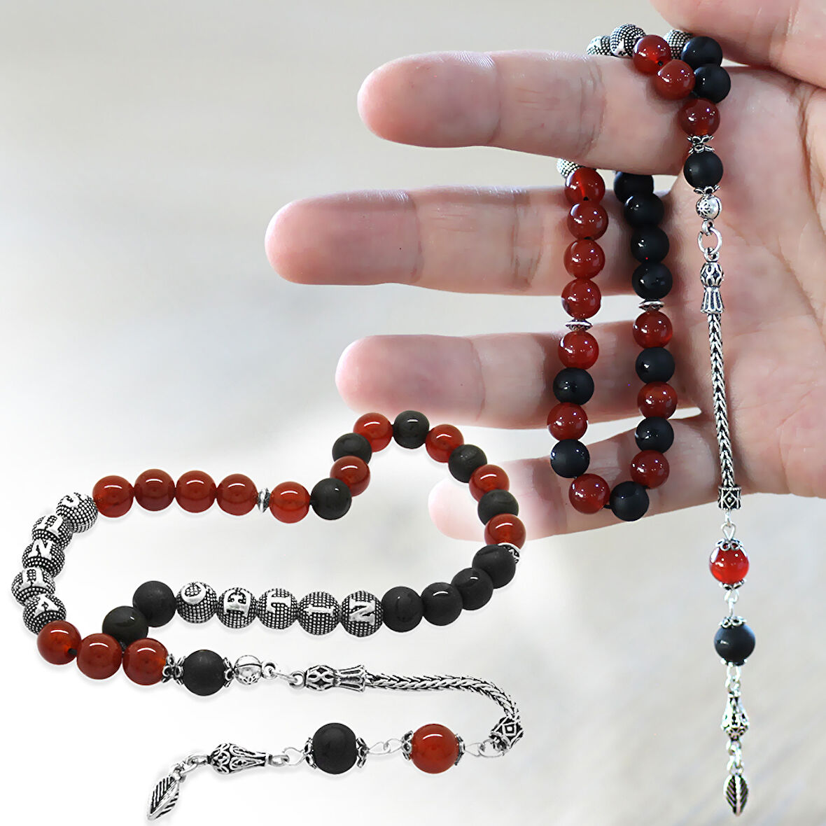 925 Ayar Gümüş Püsküllü Küre Kesim Kişiye Özel İsim Yazılı Kırmızı Siyah Ayyıldız Oniks Akik Doğaltaş Taraftar Tesbih