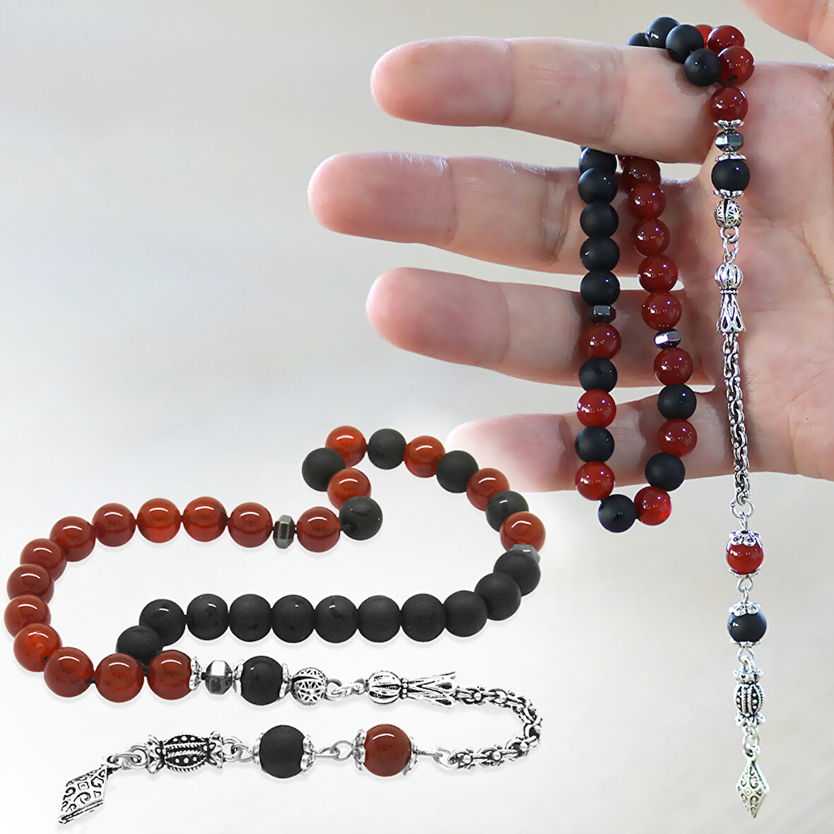 Kararmaz Metal Arnavut Zincir Püsküllü Küre Kesim Kırmızı Siyah Ayyıldız Oniks Akik Doğaltaş Taraftar Tesbih M2