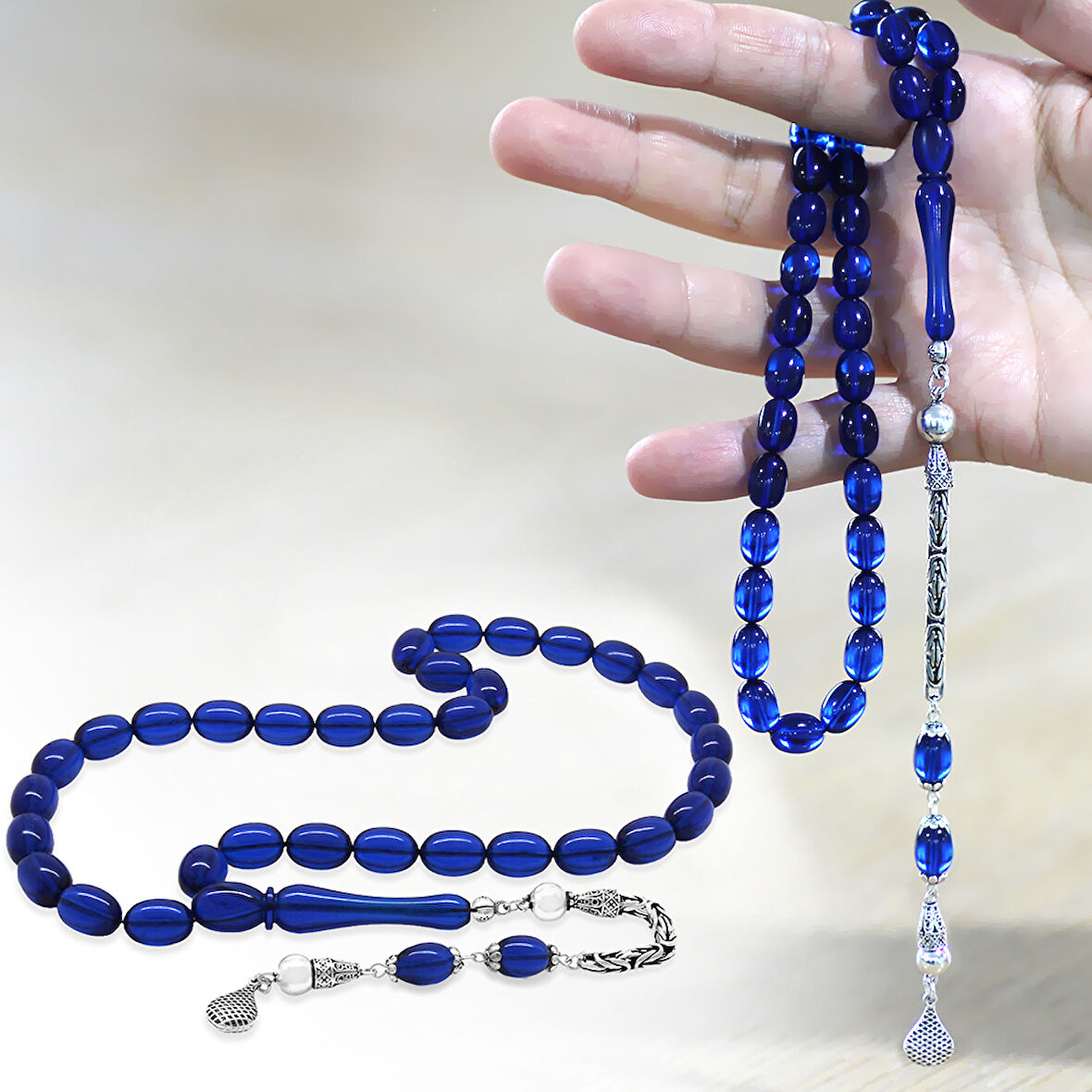 925 Ayar Gümüş Kral Zincir Püsküllü Sülün İmame Beyzi Kesim Lacivert Katalin Tesbih