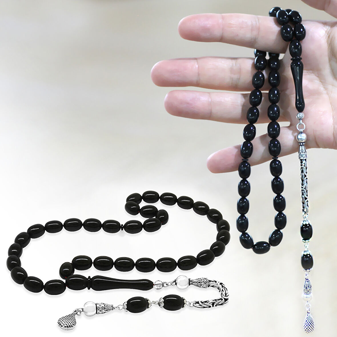 925 Ayar Gümüş Kral Zincir Püsküllü Sülün İmame Beyzi Kesim Siyah Katalin Tesbih