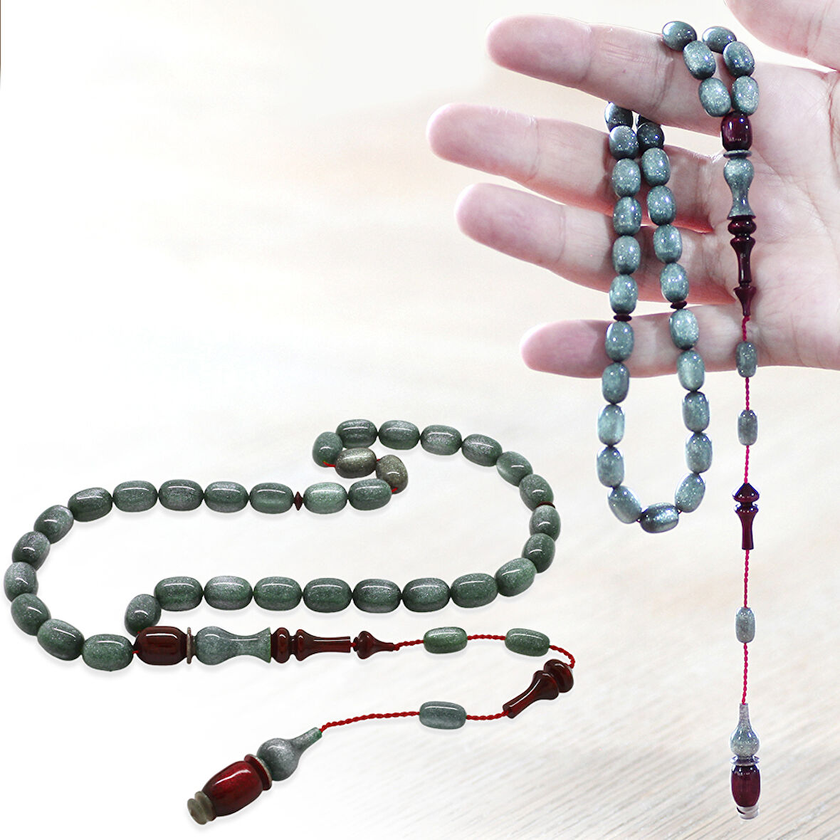 Sistemli Her Bir Tanesi ve İmamesi Usta işçilikli Kapsül Kesim Sedefli Gri Kırmızı Katalin Tesbih