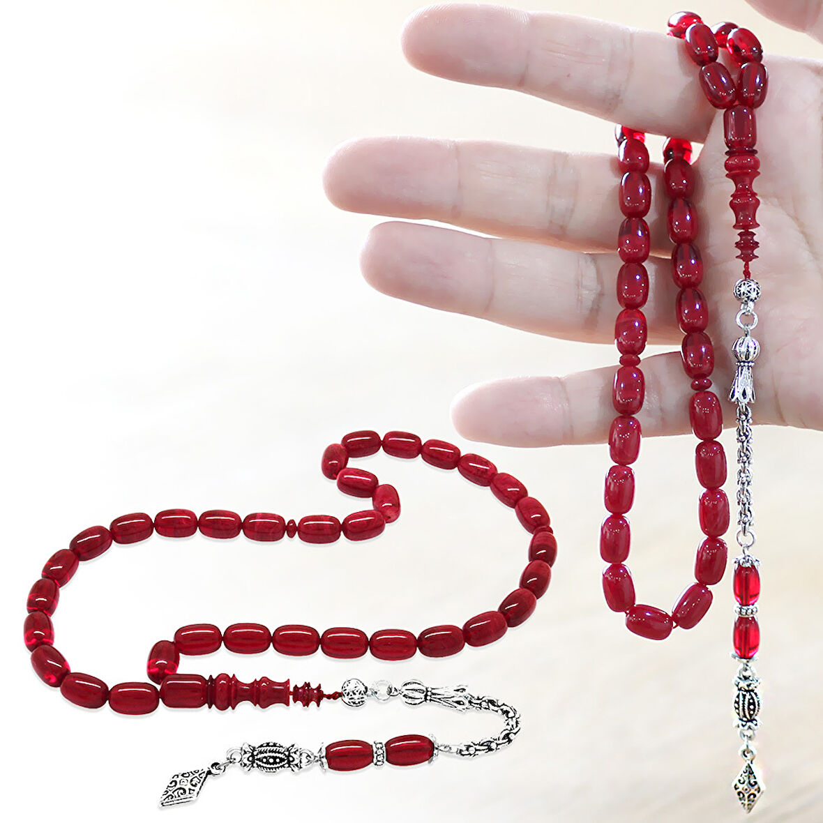 Kararmaz Metal Arnavut Zincir Püsküllü Her Bir Tanesi İmamesi Usta İşçilikli Özel Kesim Hareli Kırmızı Ateş Kehribar Tesbih