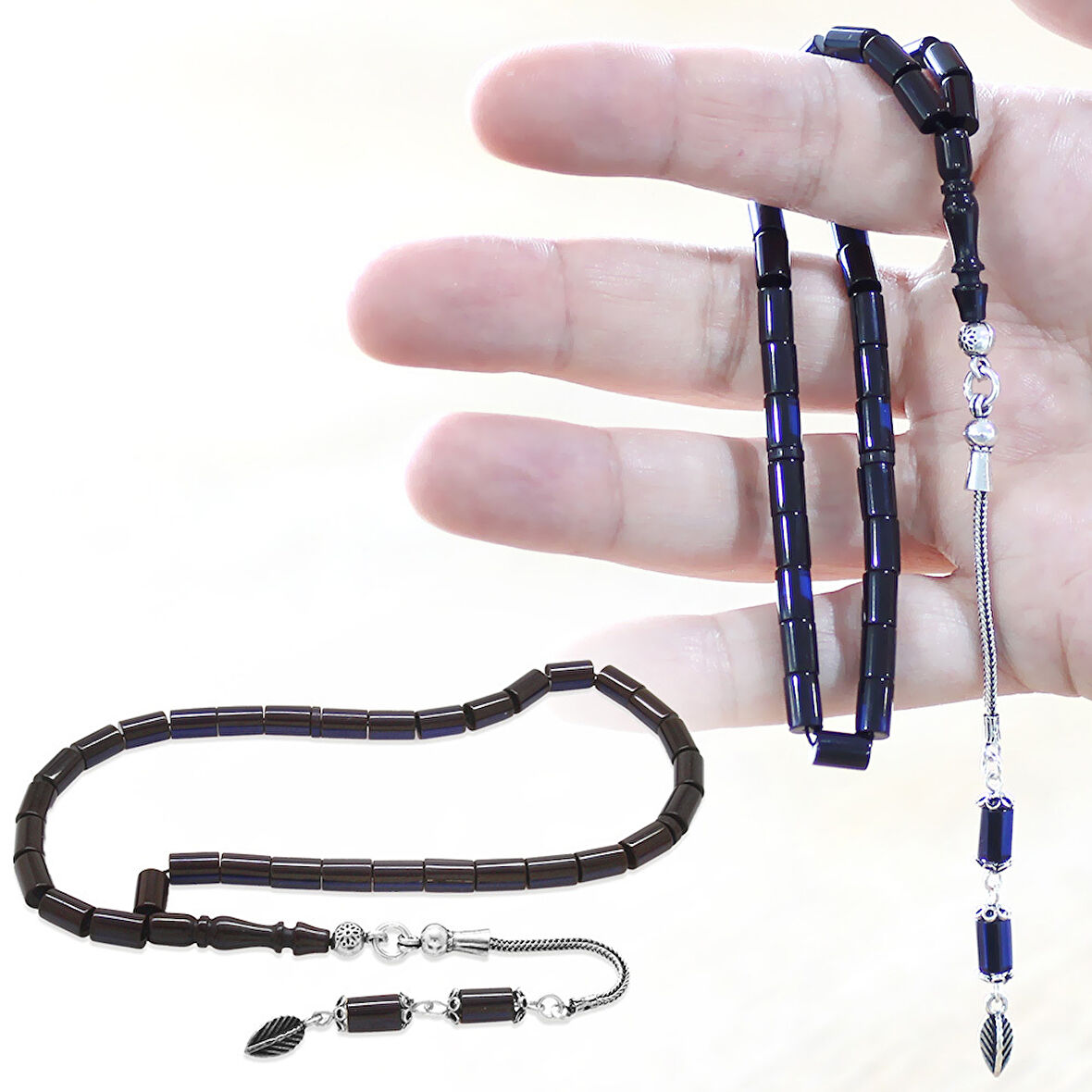 925 Ayar Gümüş Püsküllü Kesme Kesim Bilek Boy Lacivert Sıkma Kehribar Tesbih