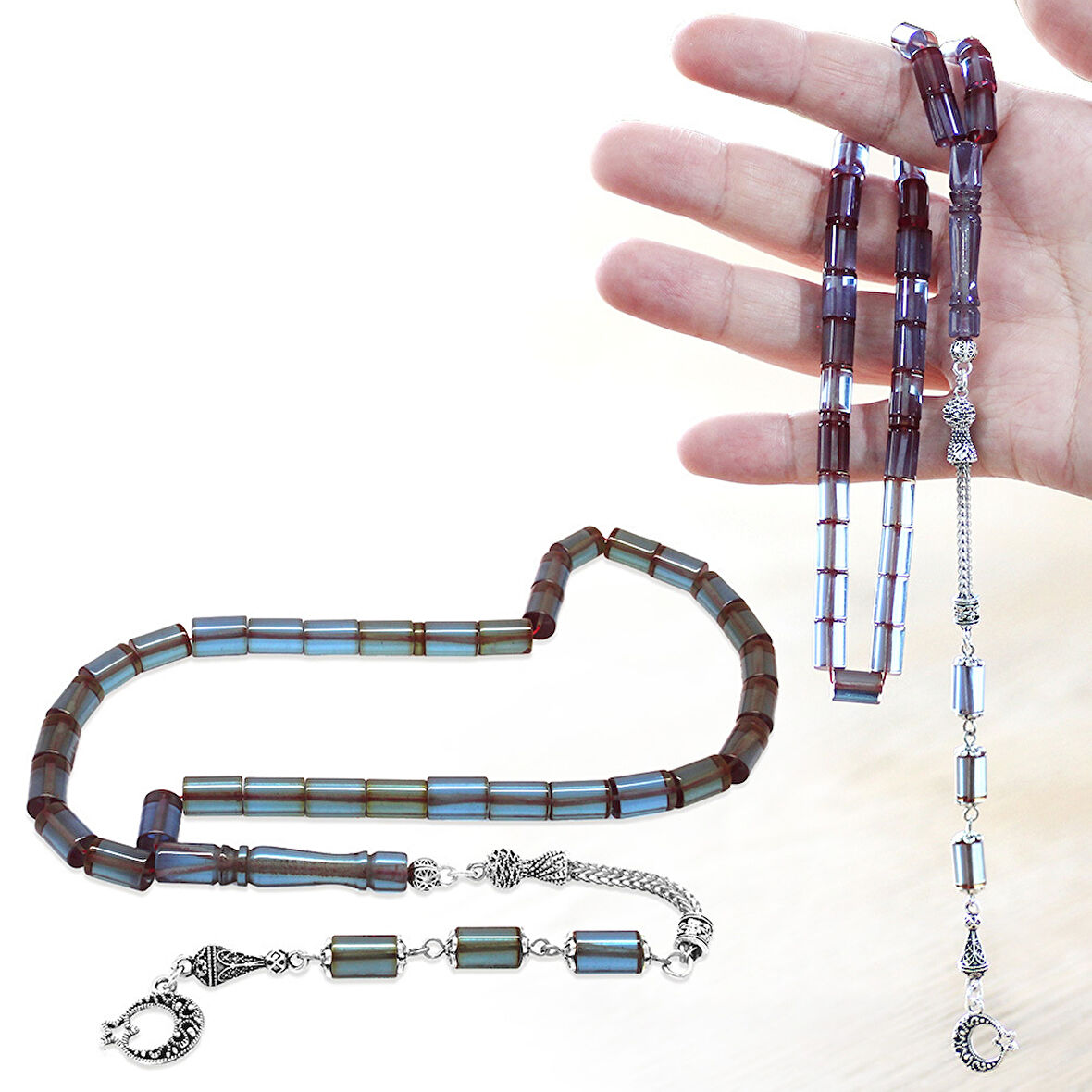 Kararmaz Metal Püsküllü Kesme Kesim Turkuaz Ateş Kehribar Tesbih