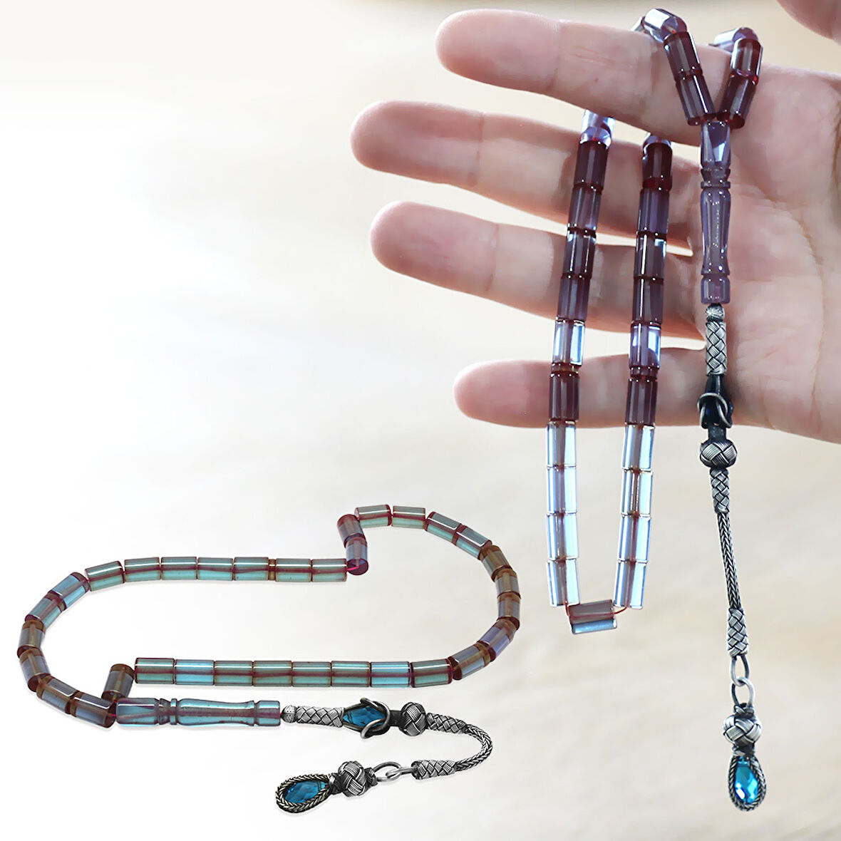 1000 Ayar Gümüş Kazaz Püsküllü Kesme Kesim Turkuaz Ateş Kehribar Tesbih