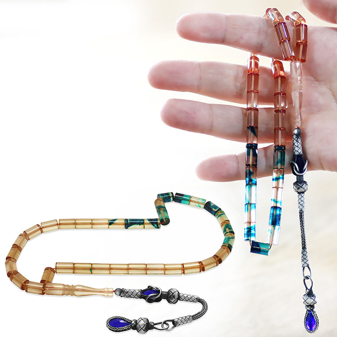 1000 Ayar Gümüş Kazaz Püsküllü Kesme Kesim Süzme Şeffaf Mavi Beyaz Ateş Kehribar Tesbih