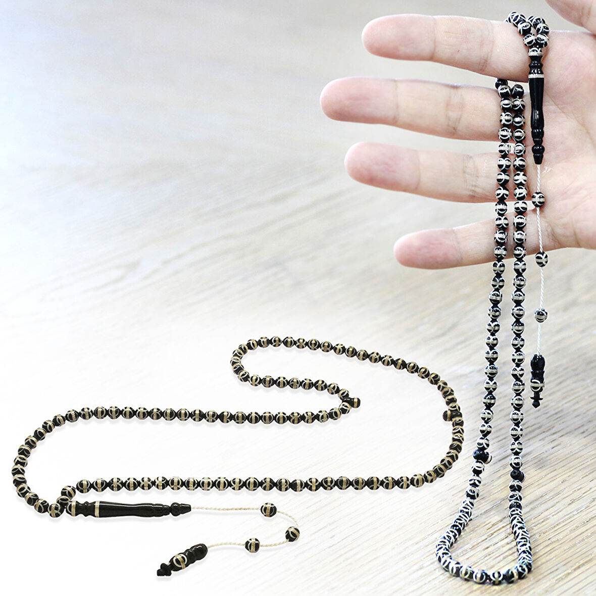 Sistemli 925 Ayar Gümüş Sarmal Küre Kesim Kahverengi 99 Taneli Kuka Namaz Tesbihi