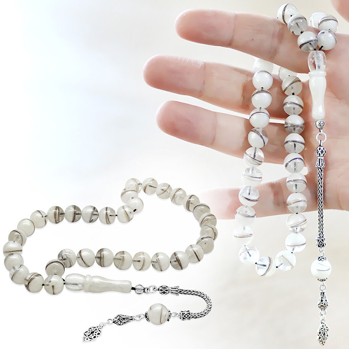 925 Ayar Gümüş Püsküllü Küre Kesim Sedefli Kişiye Özel Saç Teli İçerir Tesbih