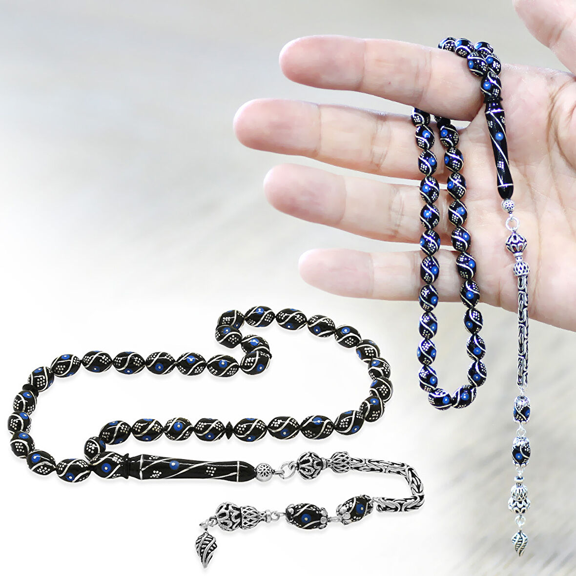 925 Ayar Gümüş Kral Zincir Püsküllü Arpa Kesim Gümüş Firuze İşlemeli Erzurum Oltu Taşı Tesbih