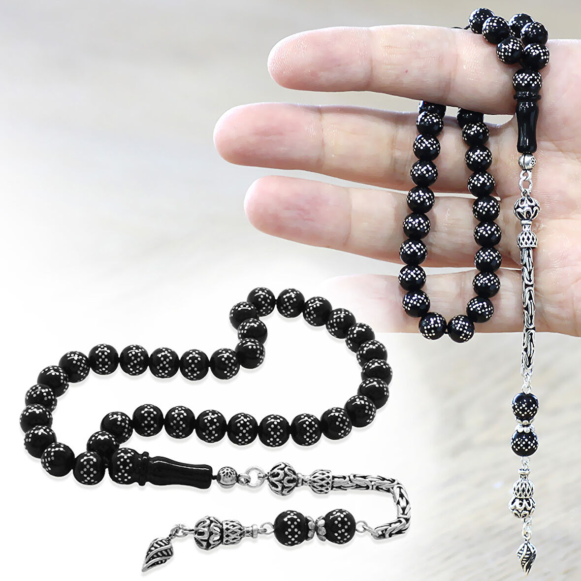 925 Ayar Gümüş Kral Zincir Püsküllü Gümüş İşlemeli Rus Oltu Tesbih