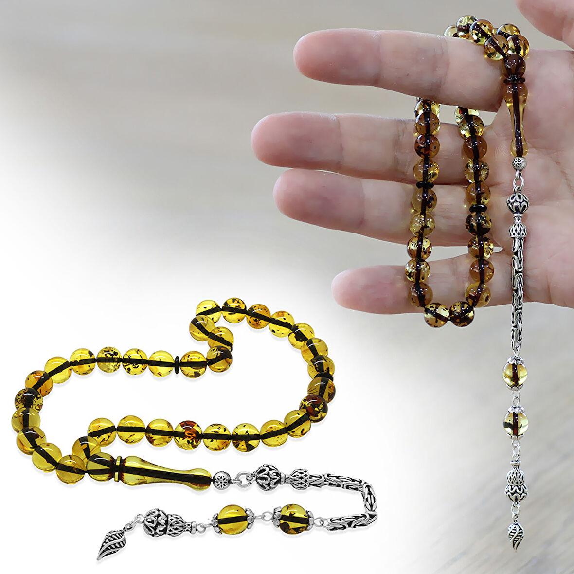 925 Ayar Gümüş Kral Püsküllü Küre Kesim Hafif Fosilli Ihlamur Sarı Doğal Damla Kehribar Tesbih