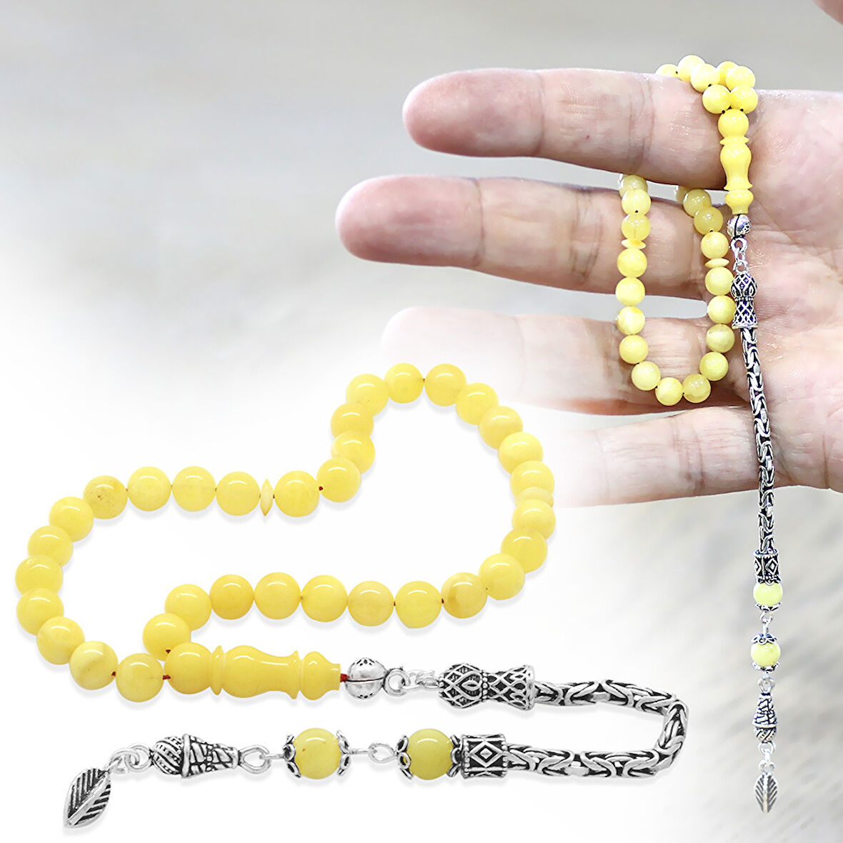 925 Ayar Gümüş Kral Zincir Püsküllü Bilek Boy Küre Kesim Soft Sarı Beyaz Doğal Damla Kehribar Tesbih