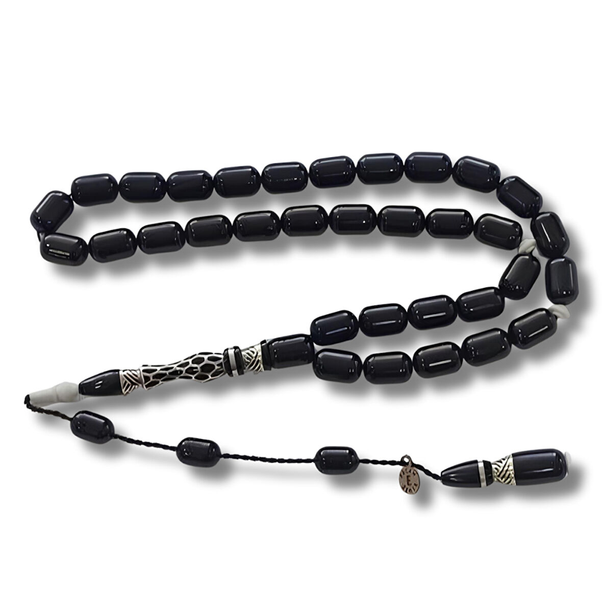 925 Ayar Gümüş Nakkaş İmameli Sistemli Oltu Taşı Tesbih Beyaz Katalin Dolgulu Uçlu Kapsül Kesim