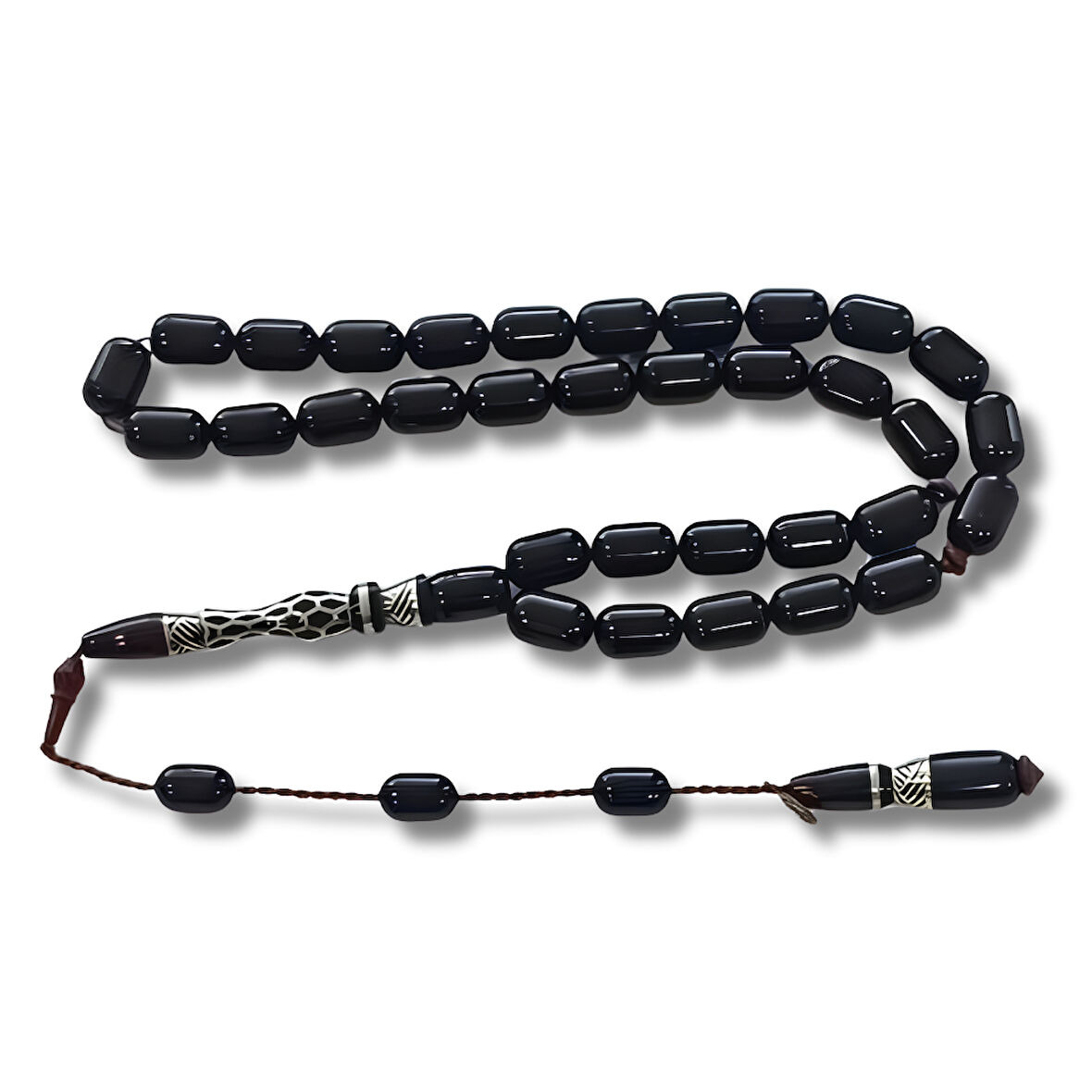 925 Ayar Gümüş Nakkaş İmameli Sistemli Oltu Taşı Tesbih Yılan Ağacı Dolgulu Uçlu Kapsül Kesim