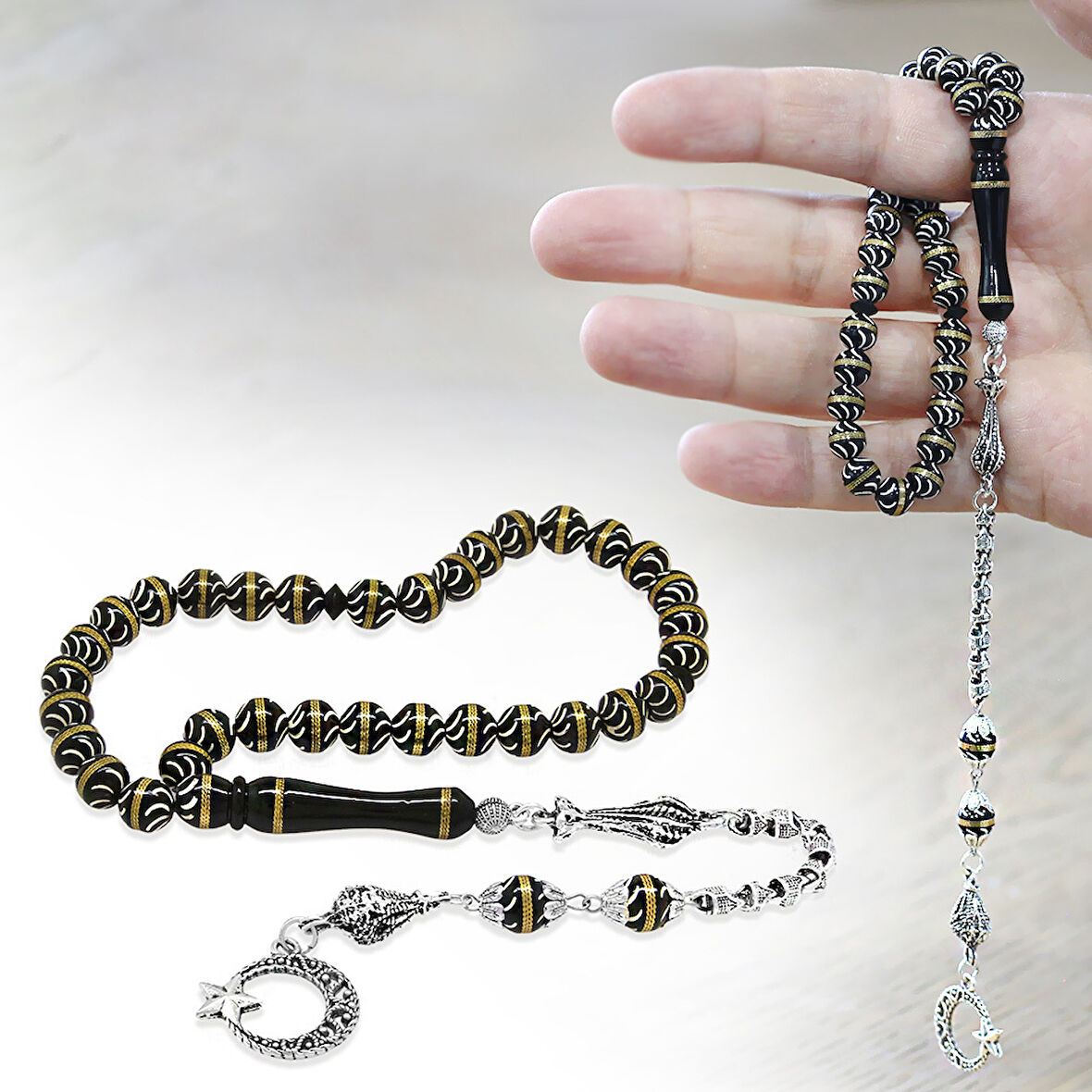 Kuka Tesbih – Siyah – Kararmaz Metal Püsküllü - Pirinç Sarmal - Beyaz Mine Dolgulu – İstanbul Kesim