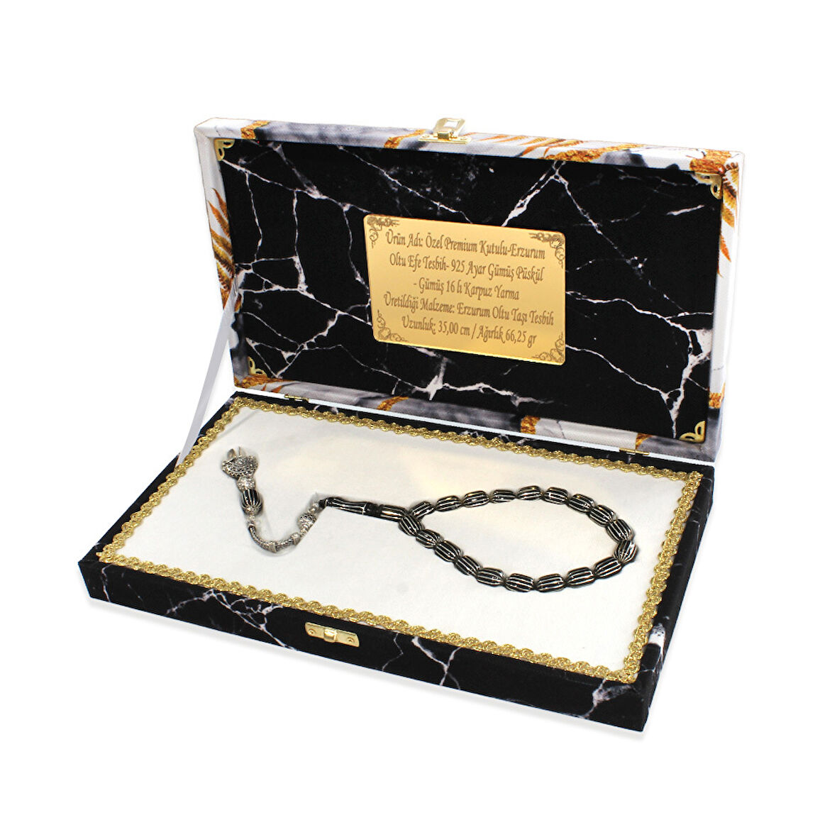 Premium Kutulu - Erzurum Oltu Efe Tesbih - 925 Ayar Gümüş Püsküllü - Gümüş 16 lı Karpuz Yarma