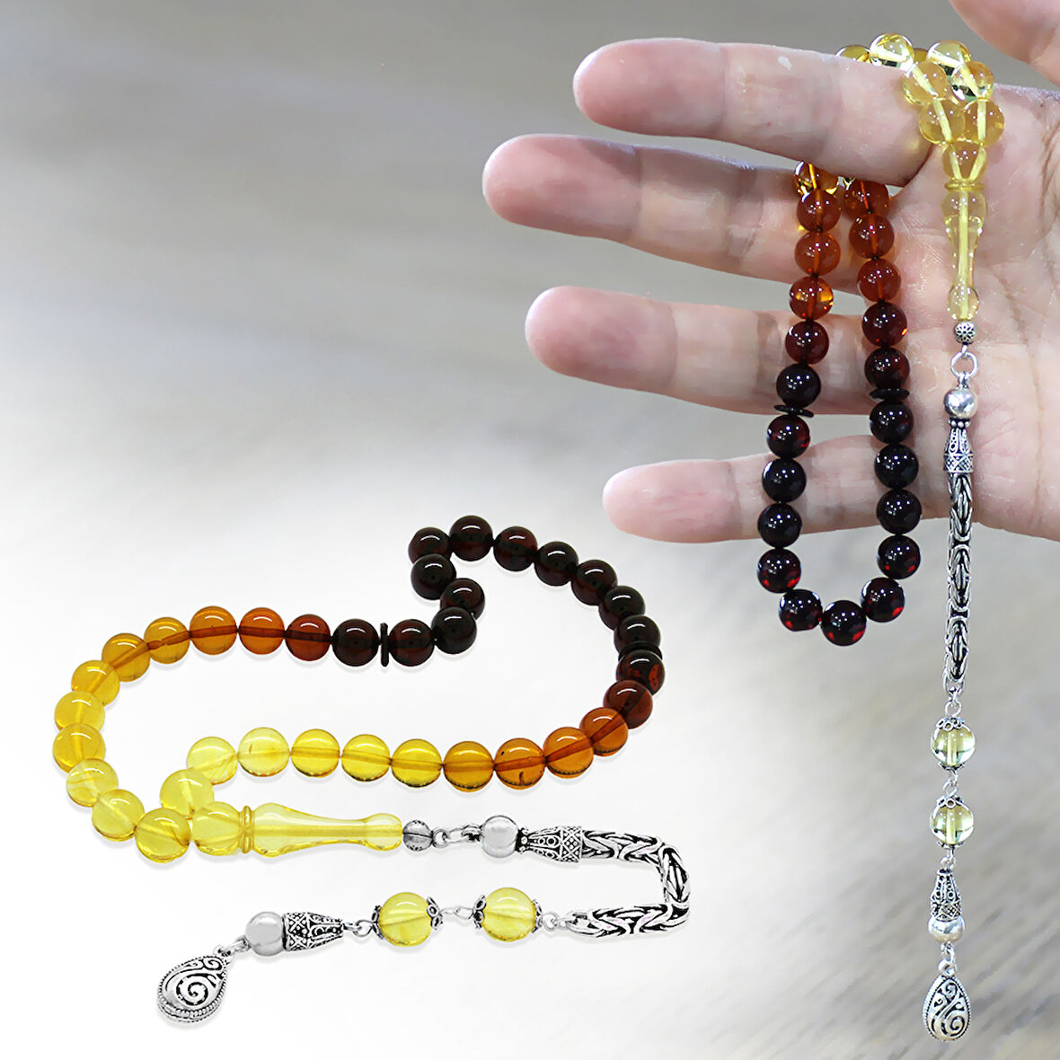 Damla Kehribar Tesbih - 925 Ayar Gümüş Kral Zincirli - Süzme Kırmızı Sarı Renk - Küre Kesim