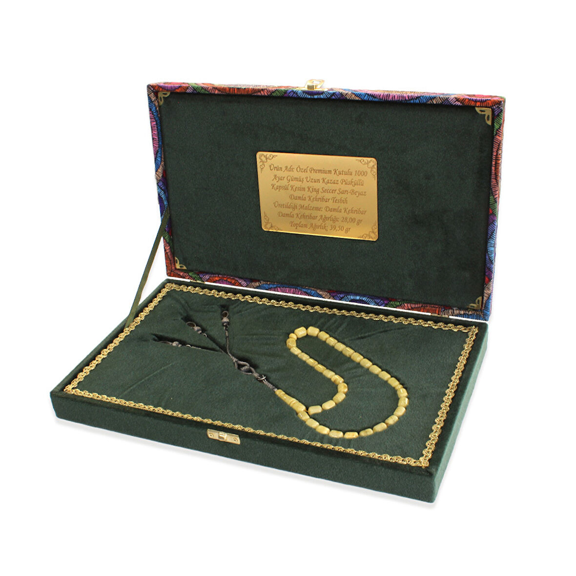 Damla Kehribar Tesbih - 1000 Ayar Gümüş Kazaz Püsküllü - Kapsül Kesim - King Seccer - Premium Kutulu