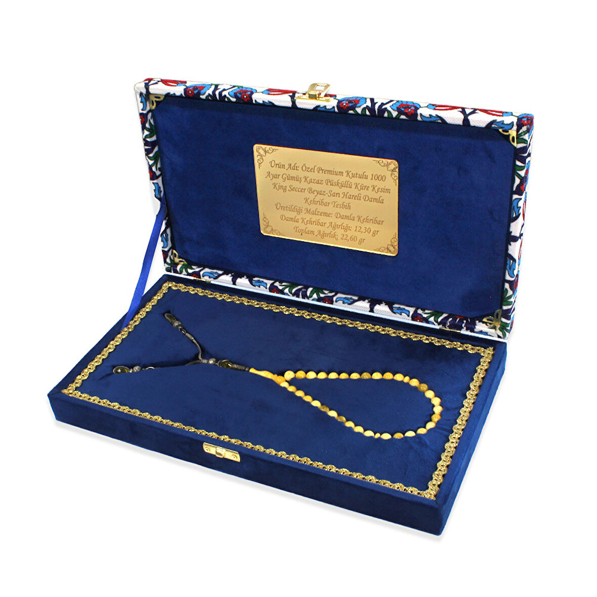Damla Kehribar Tesbih - 1000 Ayar Gümüş Kazaz Püsküllü - King Seccer - Premium Kutulu - Küre Kesim