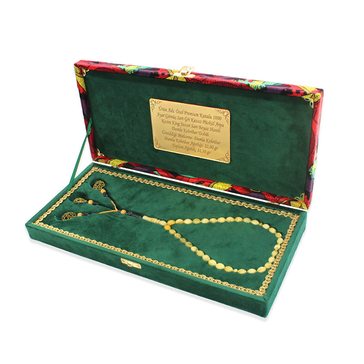 Damla Kehribar Tesbih - 1000 Ayar Gümüş Kazaz Püsküllü - King Seccer - Arpa Kesim - Premium Kutulu
