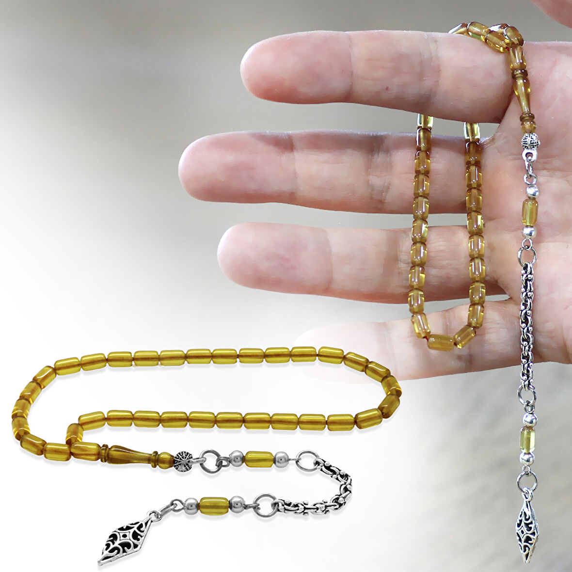 Ateş Kehribar Tesbih - Kararmaz Metal Arnavut Püsküllü - Bilek Boy - Ihlamur Sarı - Kapsül Kesim