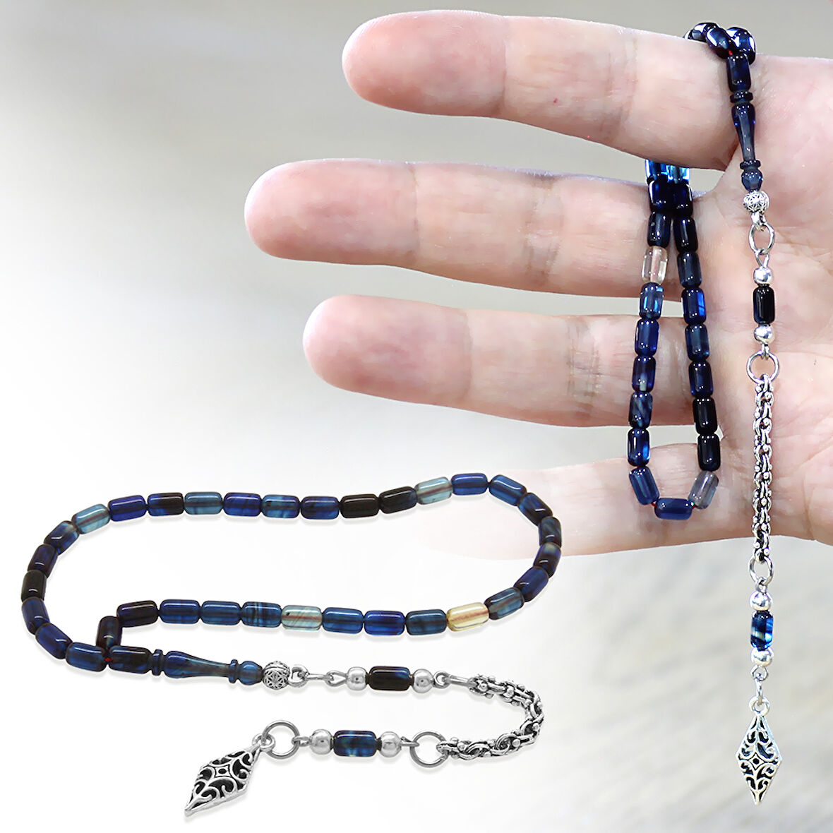 Ateş Kehribar Tesbih - Kararmaz Arnavut Püsküllü - Bilek Boy - Lacivert Beyaz Renk - Kapsül Kesim