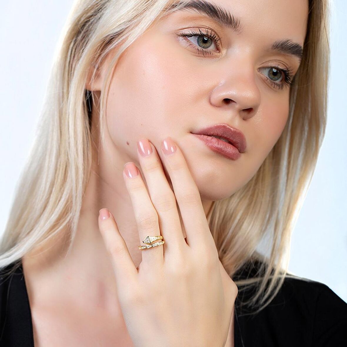 Zirkon Taşlı Snake Tasarım Gold Renk Free Size 925 Ayar Gümüş Kadın Yüzük