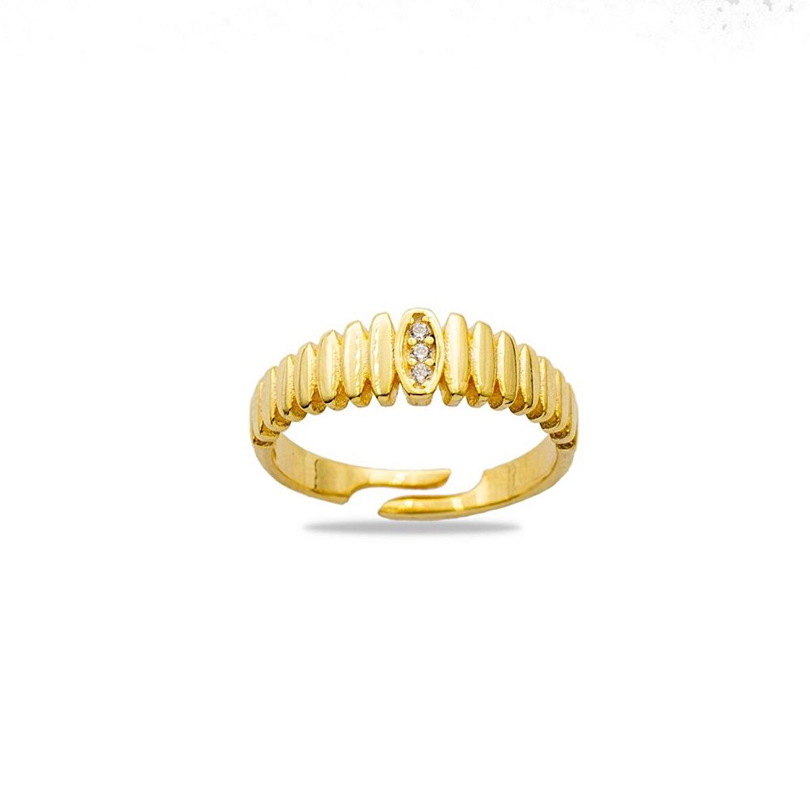 Beyaz Zirkon Taşlı Merdiven Tasarım Gold Renk Free Size 925 Ayar Gümüş Kadın Yüzük