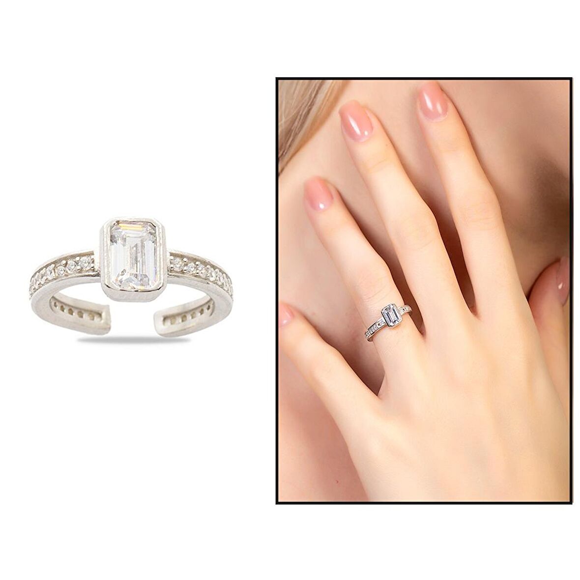 Baget Kesim Beyaz Zirkon Taşlı Silver Renk Free Size 925 Ayar Gümüş Kadın Tektaş Yüzük