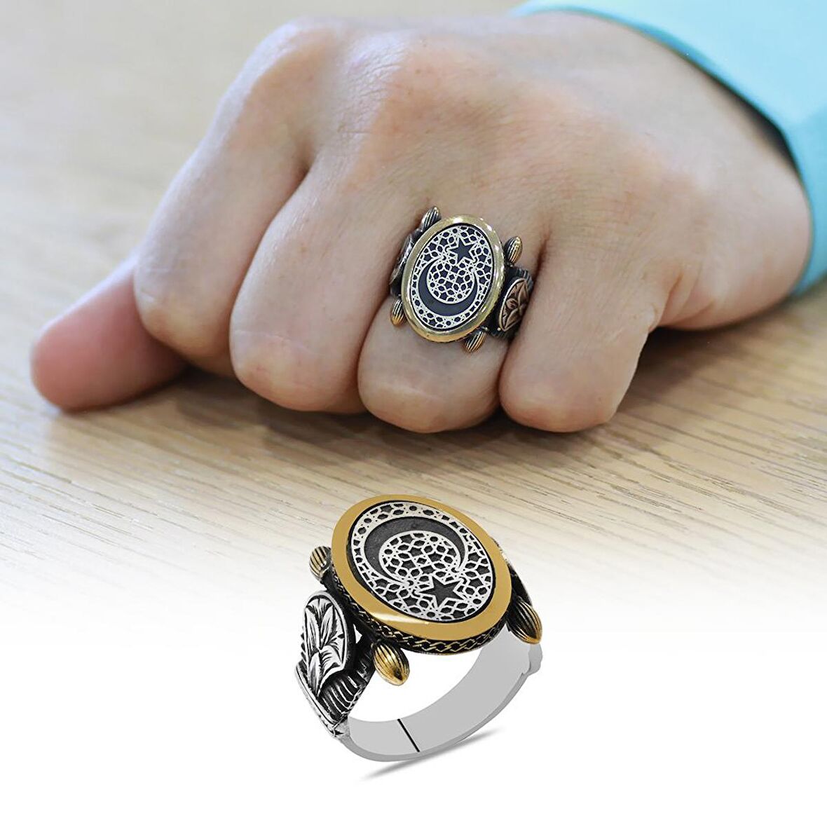 Oval Otantik Tasarım Ayyıldız Motifli 925 Ayar Gümüş Erkek Yüzük