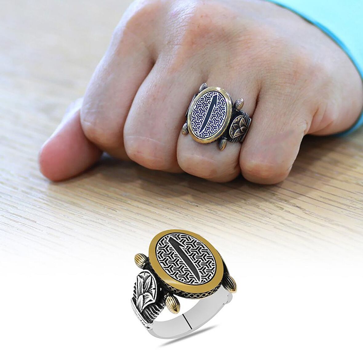 Oval Otantik Tasarım "Elif" Motifli 925 Ayar Gümüş Erkek Yüzük