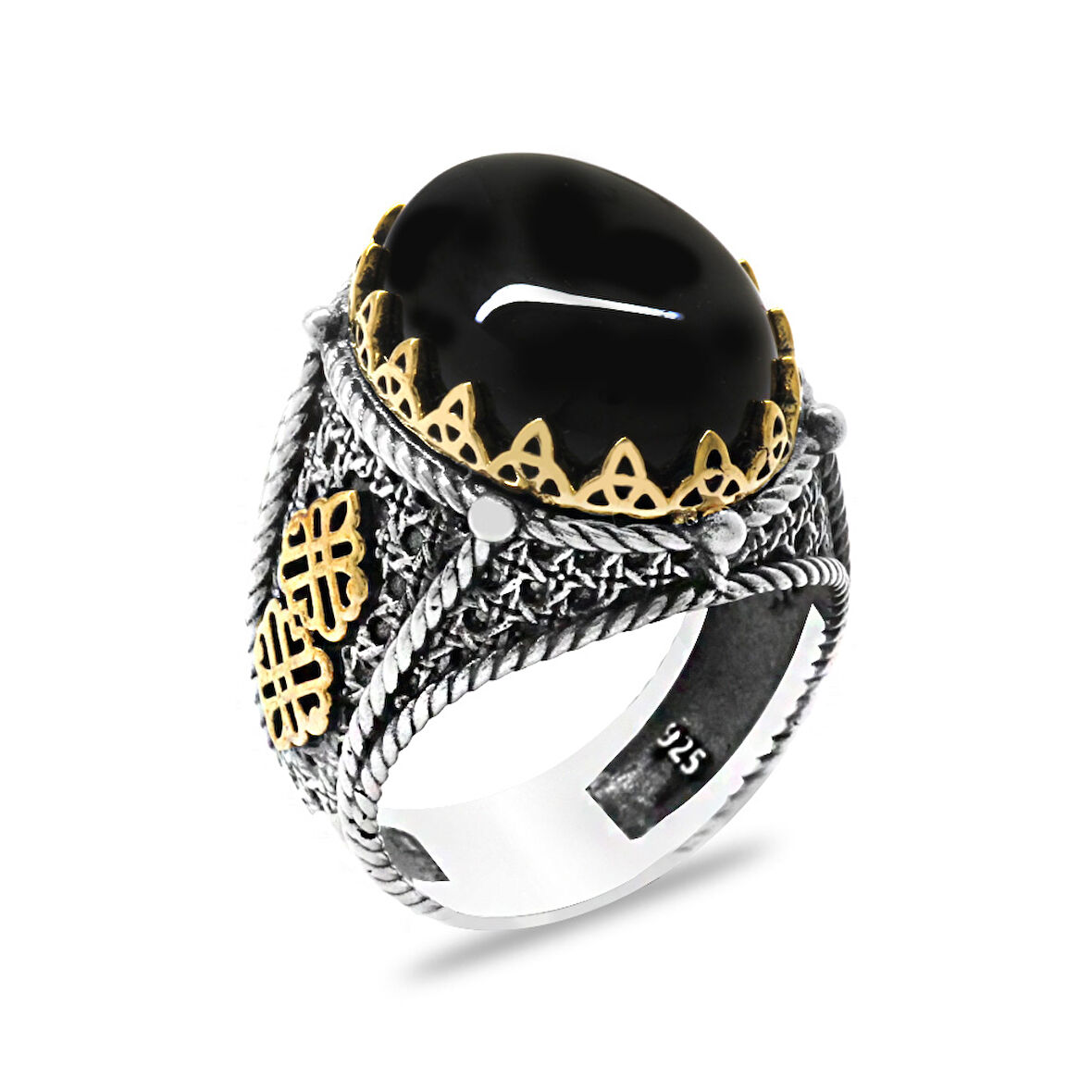 Siyah Oniks Taşlı Kral Tacı Tasarım 925 Ayar Gümüş Erkek Yüzük