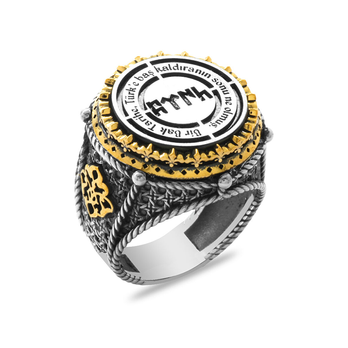 Siyah Oniks Taşlı Göktürkçe TÜRK Yazılı Özel Tasarım 925 Ayar Gümüş Erkek Yüzük