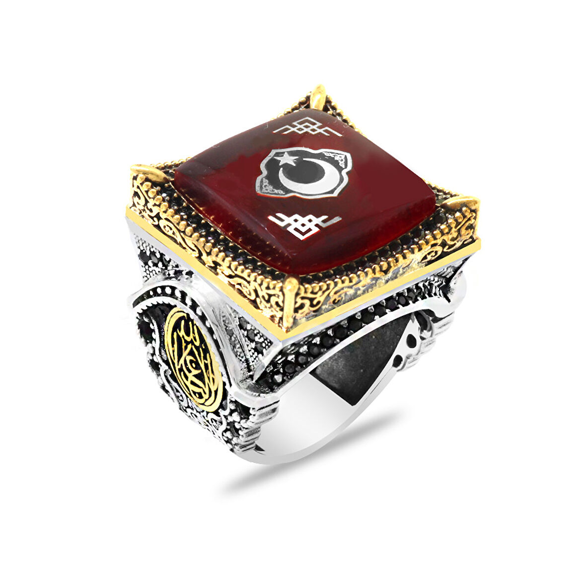 Kırmızı Kehribar Taş Üzerine Ayyıldız Desenli Kenarlarında La Galibe İllah Yazılı 925 Ayar Gümüş Erkek Yüzük