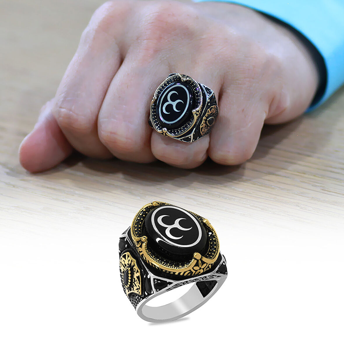 Erzurum Oltu Taşı Üzerine Üç Hilal İşleme Kenarları Zirkon Koleksiyonluk 925 Ayar Gümüş Erkek Yüzük