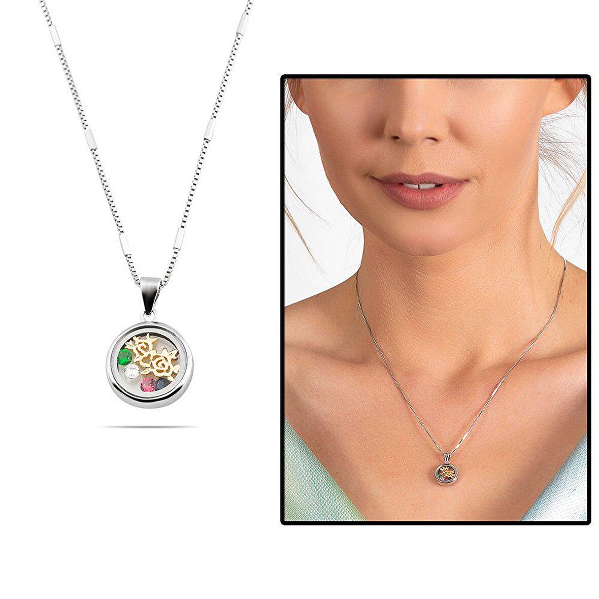 Multicolor Zirkon Taşlı Oval Tasarım Gül Detaylı 925 Ayar Gümüş Kadın Kolye