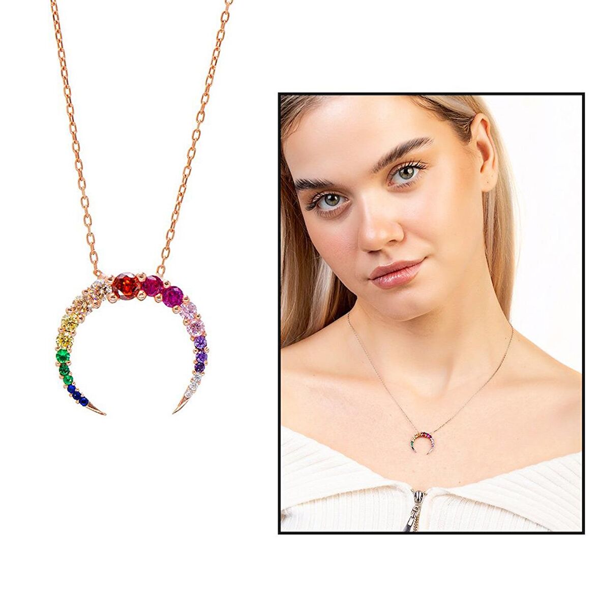 Multi Renk Zirkon Taşlı Hilal Tasarım 925 Ayar Gümüş Kadın Kolye