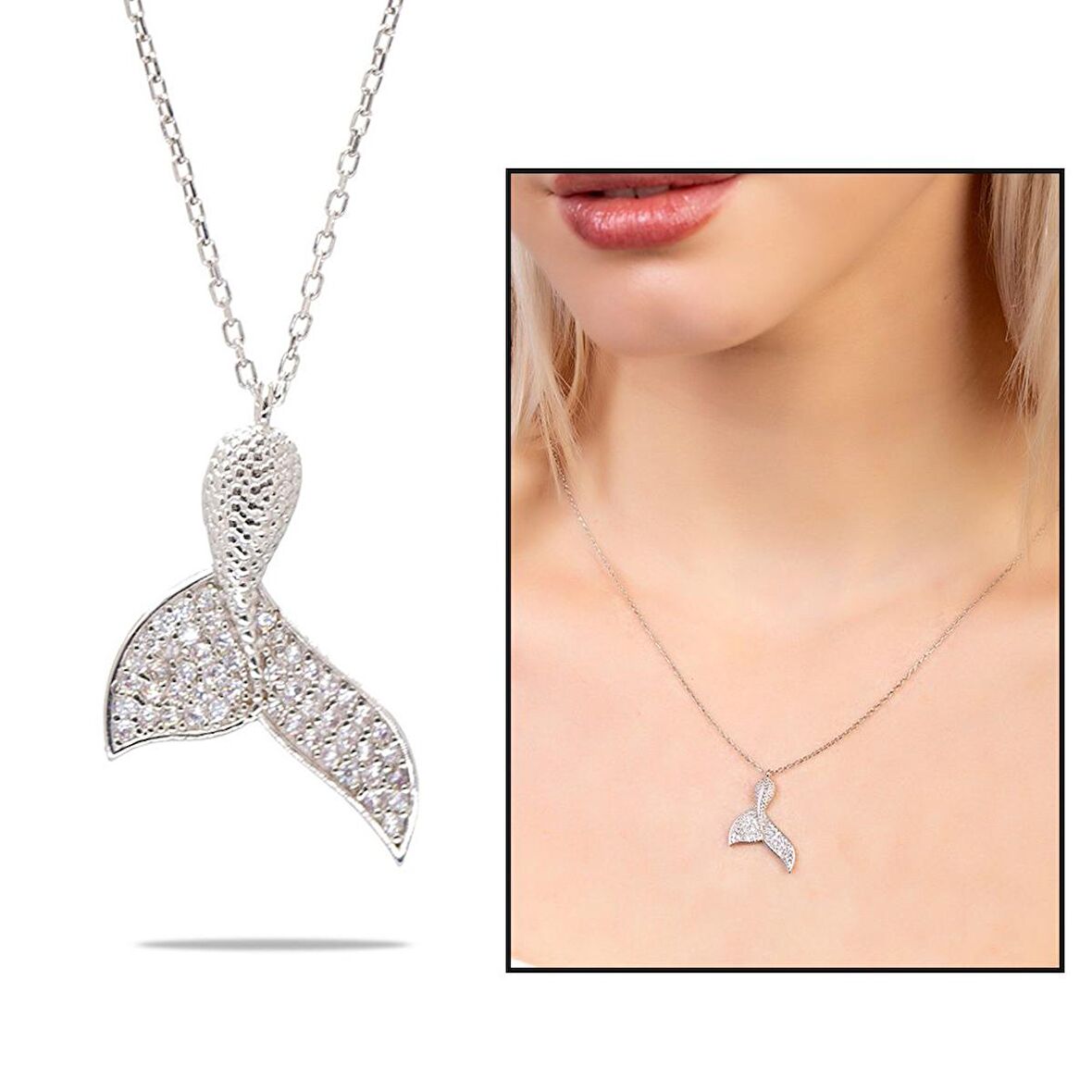 Beyaz Zirkon Taşlı Balina Kuyruğu Tasarım 925 Ayar Gümüş Kadın Kolye