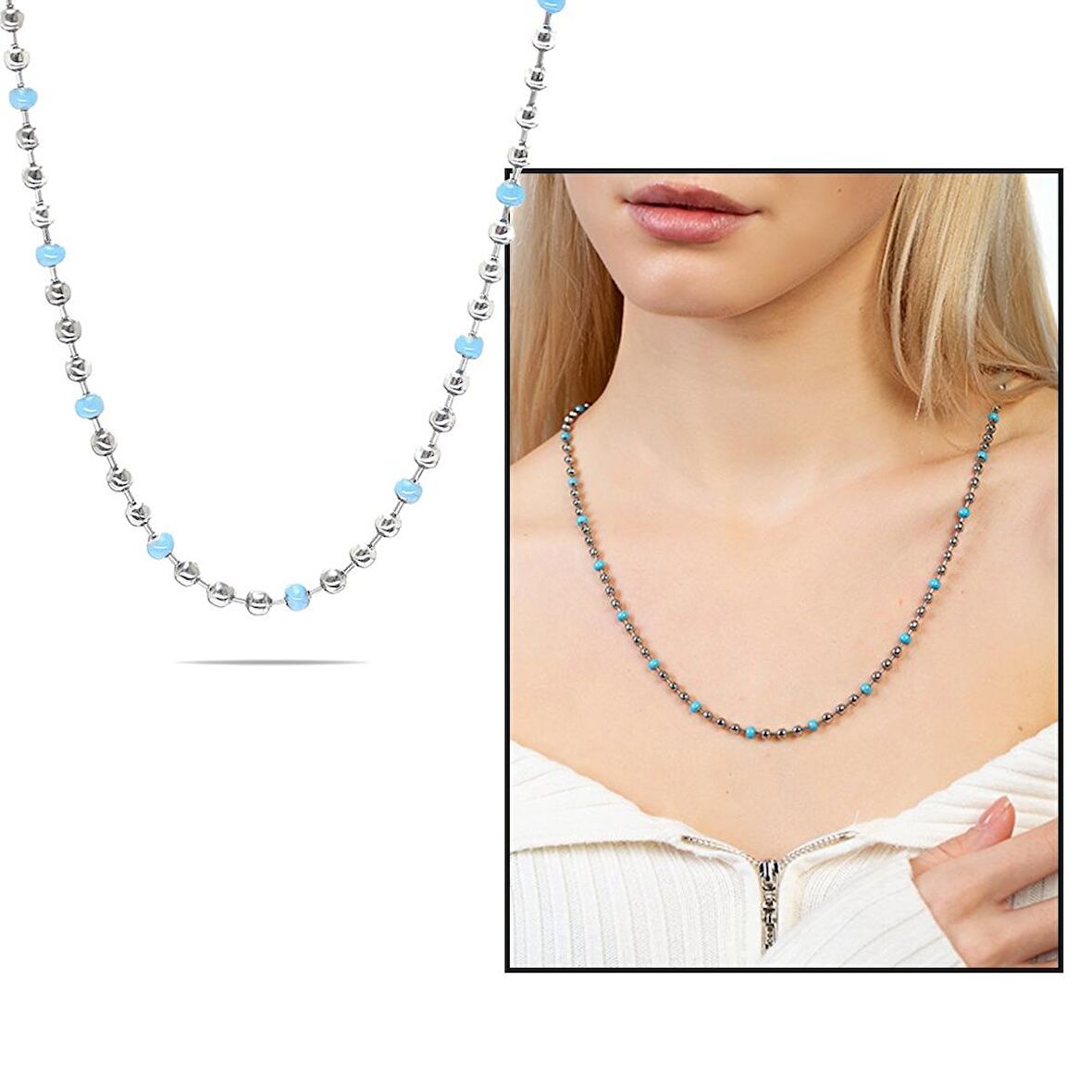 Gümüş Renk Kararmaz Metal Zincirli Firuze Doğaltaş Kombinli Kadın Kolye