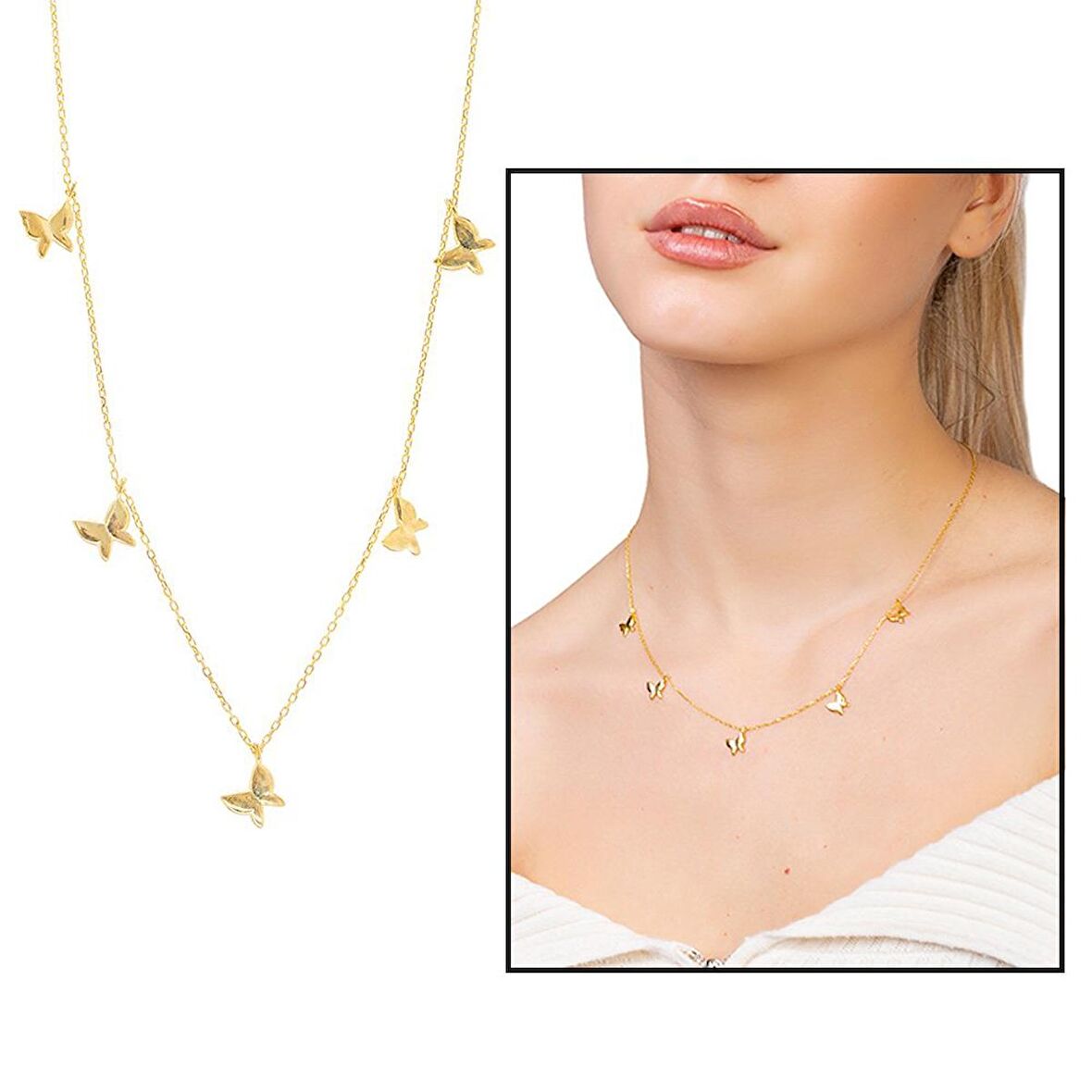 Kelebek Detaylı Gold Renk 925 Ayar Gümüş Kadın Şans Kolyesi