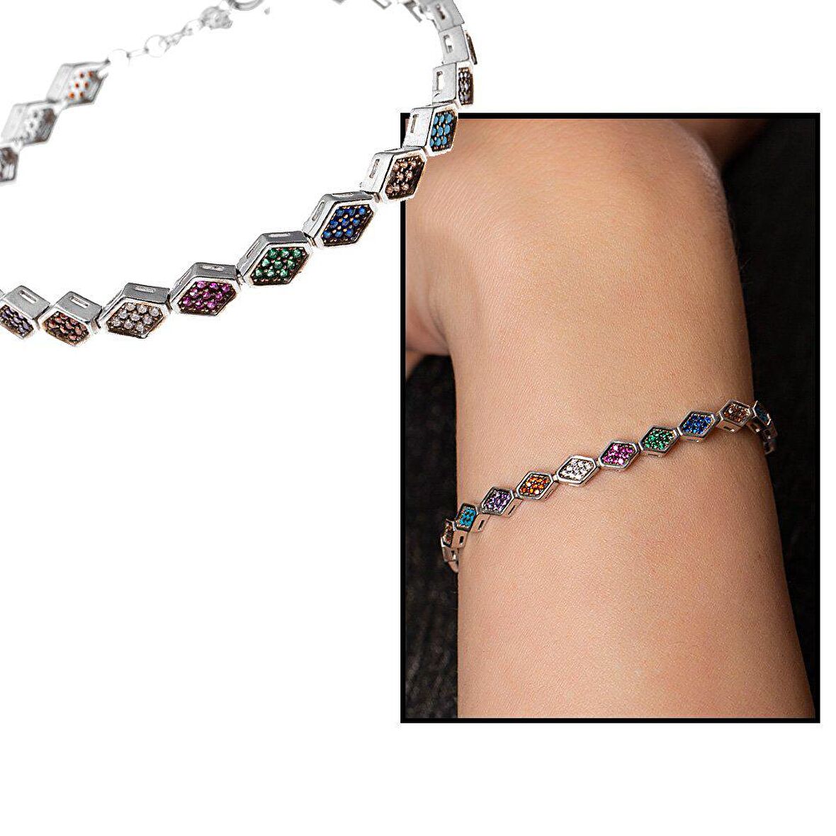 Altıgen Tasarım Multicolor Zirkon Taşlı Tam Tur 925 Ayar Gümüş Kadın Bileklik