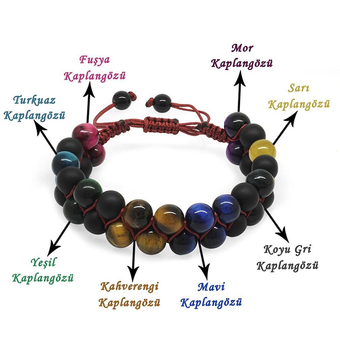 Çift Sıra Makrome Örgülü Küre Kesim Çoklu Kaplangözü Doğaltaş Kombinli Erkek Enerji Bilekliği