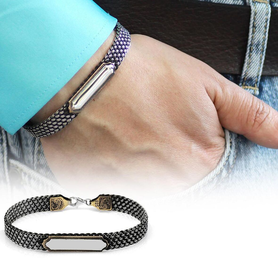 El İşçiliği Kazaziye Tasarım Kişiye Özel İsim Yazılı 925 Ayar Gümüş Erkek Bileklik