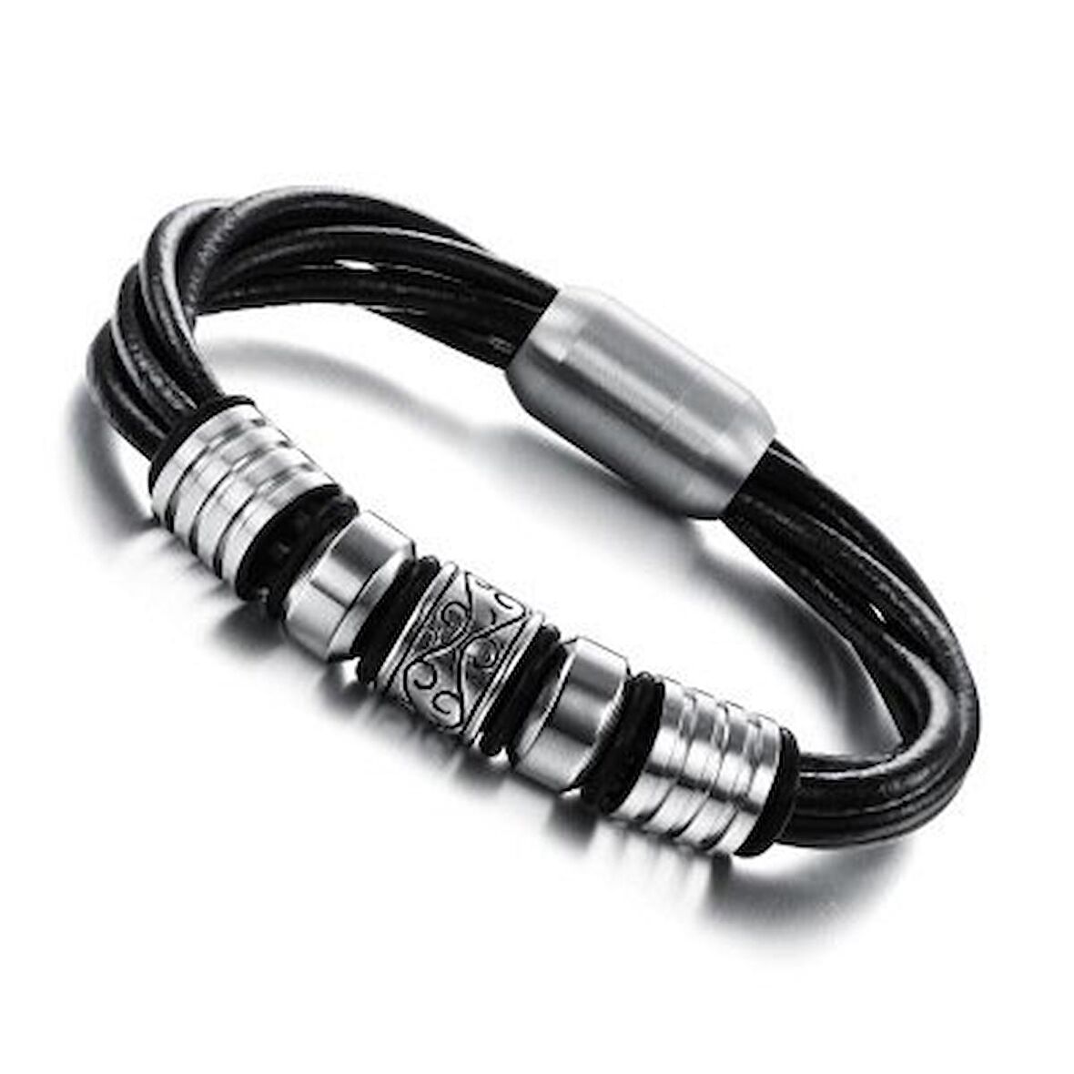 Çok Katmanlı Deri & Çelik Kombinli Retro Tasarım Magnetic Tokalı Avangart Erkek Bileklik