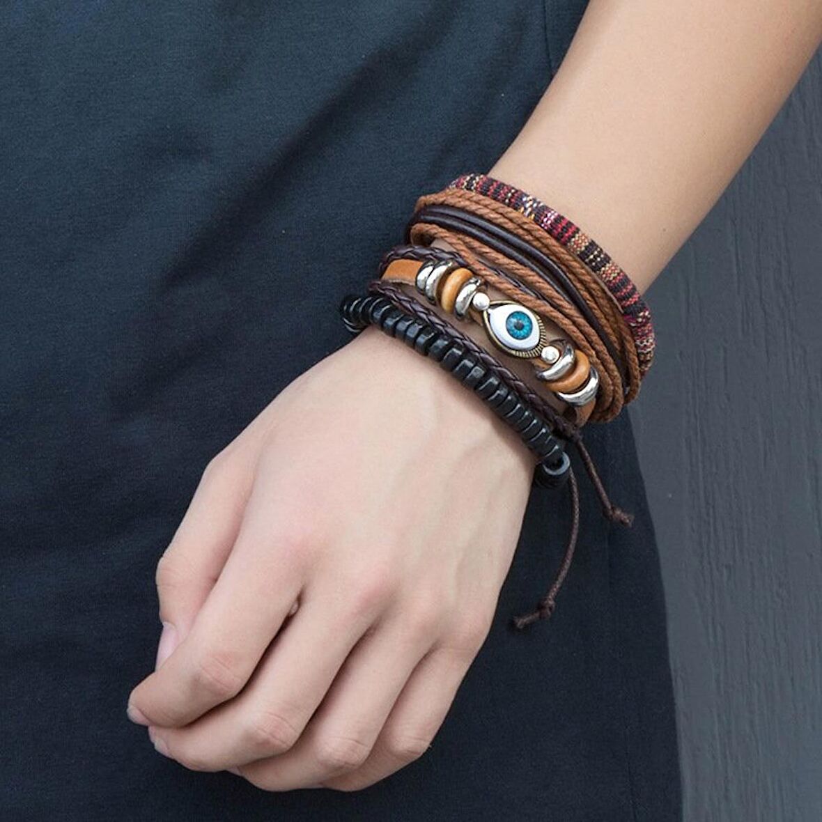 Çok Katmanlı Deri&Metal Alaşım Kombinasyonu Etnik Tasarım Göz Detaylı Retro Kadın Bileklik
