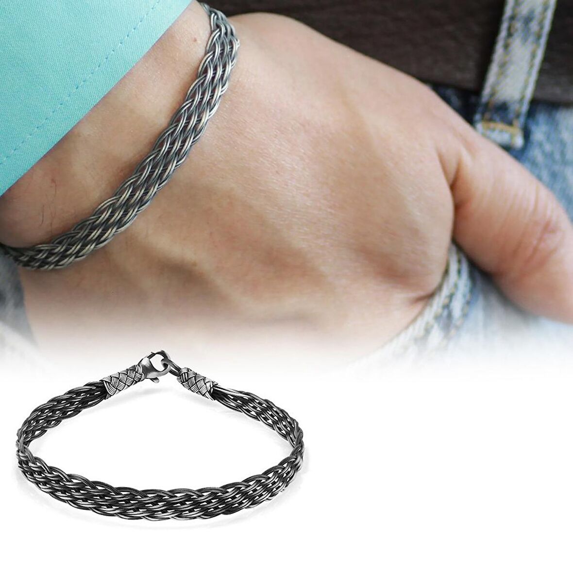 İlmek İlmek El Örgüsü Dört Sıra Geniş Tasarım Şık 1000 Ayar Kazaz Erkek Bileklik