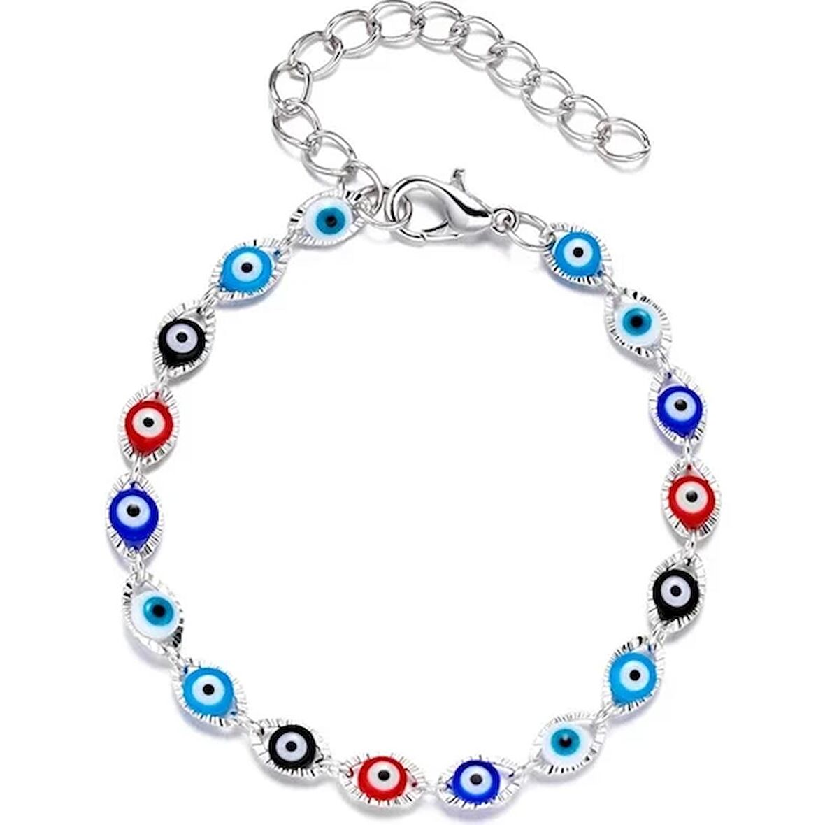 Silver Renk Metal Zincirli Multicolor Mineli Nazar Boncuğu Detaylı Göz Tasarım Kadın Bileklik
