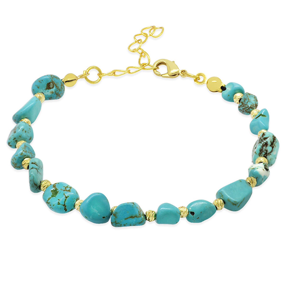 Altın Rengi Metal Zincirli Dorika Top Süslemeli Amorf Turkuaz Firuze Doğaltaş Kadın Bileklik