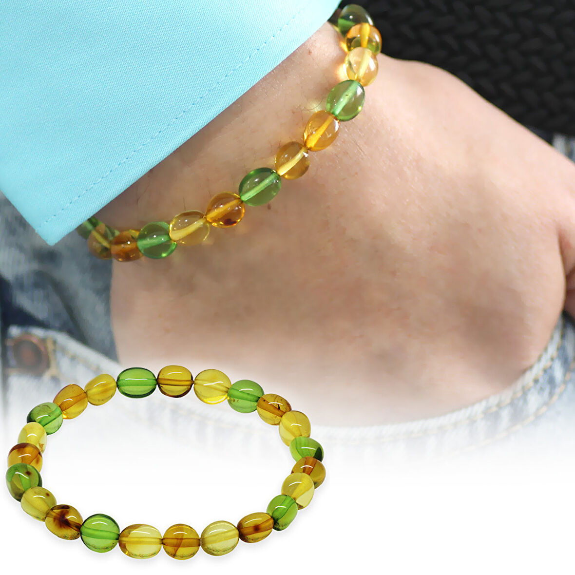 Su Yeşili Natural Form Doğal Damla Kehribar Erkek Bileklik